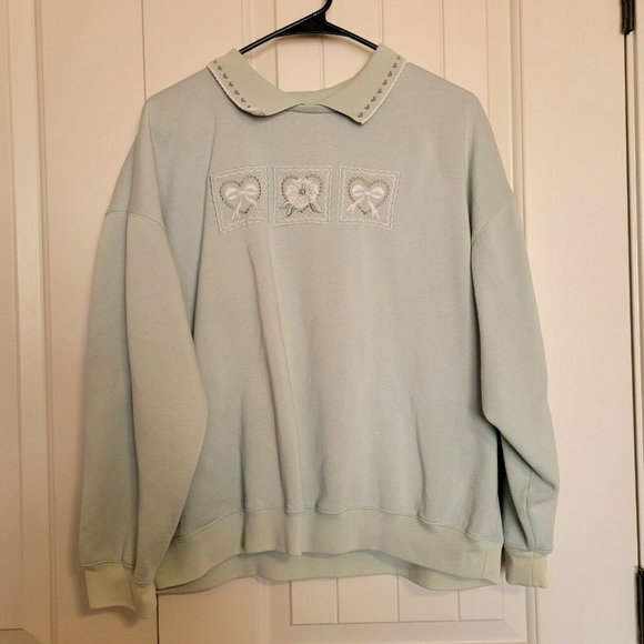 Bolo Spirit Tops - Vintage 90s Floral Bow Crewneck Green Sweatshirt Collared Grandma Women's XL